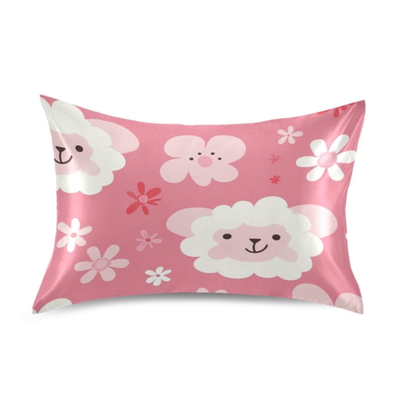Cute Sheep Cartoon Flowers Satin Pillowcase Envelope Design Pillow Covers 1 Pack Standard Size 20" x 26"