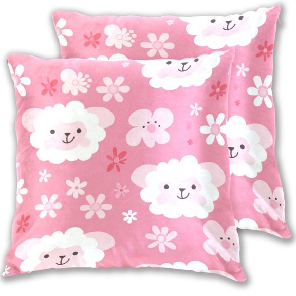 Cute Sheep Cartoon Flowers Throw Pillow Covers Pillowcases 16 x 16 Inch Home Decor 2 Packs for Bedroom Sofa