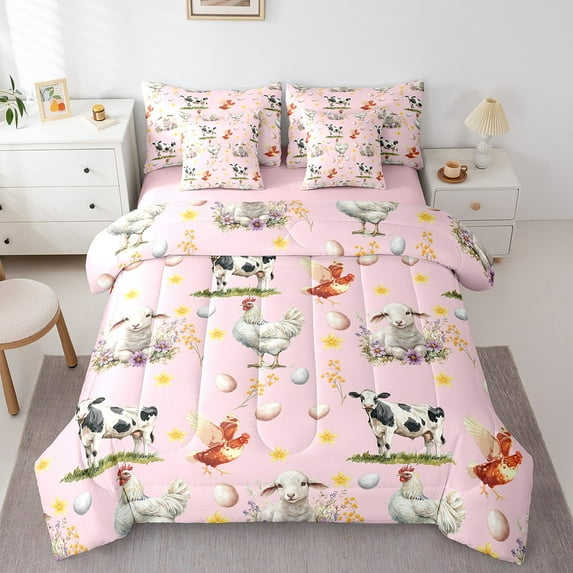 Cute Sheep Chicken Comforter Set Spring Flowers Cow 7 Piece Bedding Set Queen Size Farmhouse Style Animals Polyester Bed in a Bag Super Soft Bedding Comforters Chird Bedroom Decor