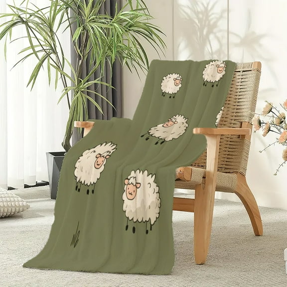 Cute Sheep Doodles on Green Lightweight Flannel Printed Blanket - Ultra Soft & Warm, All-Season Cozy Plush for Couch, Bed, Office, Camping Nap - Perfect Decorative Gift