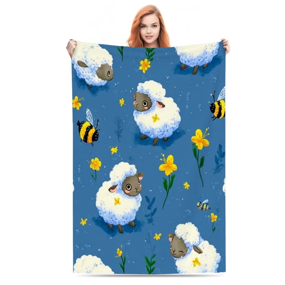 Cute Sheep and Flowers Fun Lightweight Flannel Printed Blanket - Ultra Soft & Warm, All-Season Cozy Plush for Couch, Bed, Office, Camping Nap - Perfect Decorative Gift