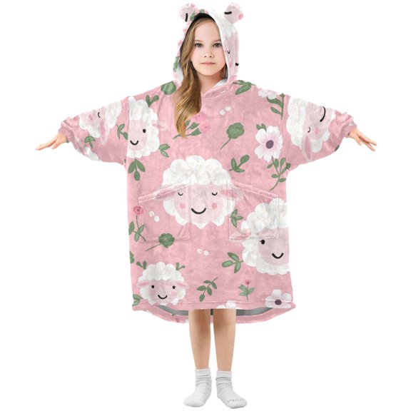 Cute Sheep Flowers Leaves Flannel Wearable Blankets Hooded Design Long Sleeves Wrap Unisex for 3T-14Y S