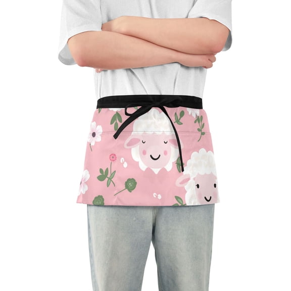 Cute Sheep Flowers Leaves Short Server Apron with 3 Pockets for Unisex Chef Gardening
