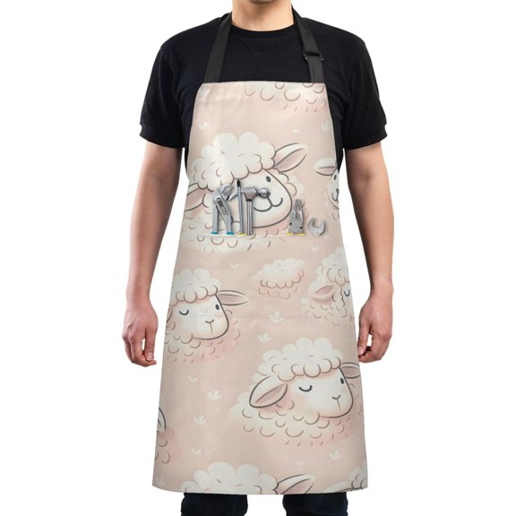 Cute Sheep Head Kitchen Apron with 2 Pockets Adjustable waterproof Cooking Aprons for Women Men Chef