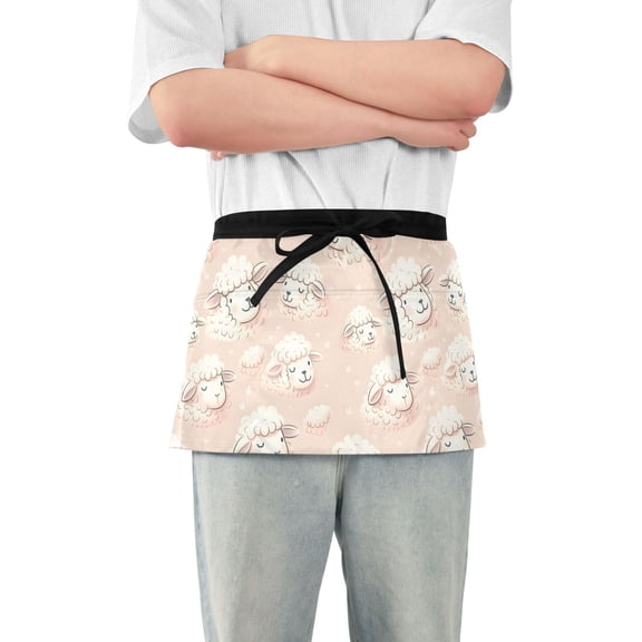 Cute Sheep Head Server Apron with 3 Pockets Waterproof Waitress Waist Short Apron for Man Woman 12 Inches