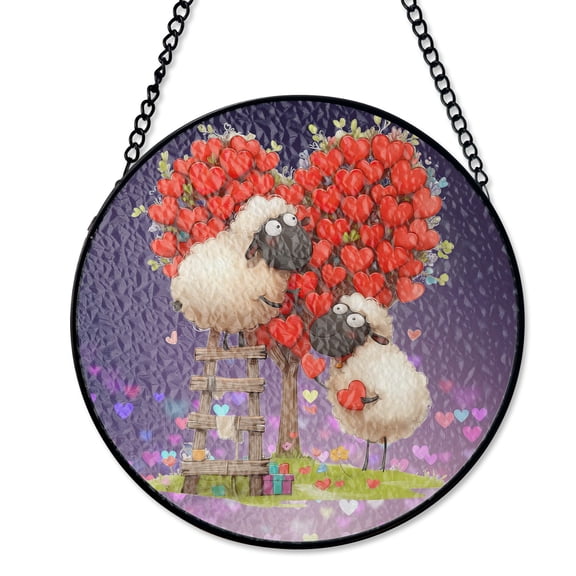Cute Sheep Heart Tree Valentine Suncatcher, Stained Glass Style UV Printed Glass, Romantic Farm Animal Decor, Round