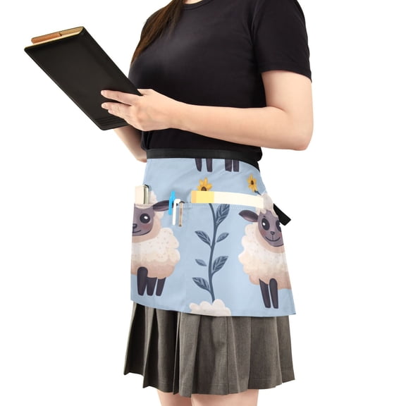 Cute Sheep Pattern Server Apron with 3 Pockets Waist Apron for Waiter Waitress