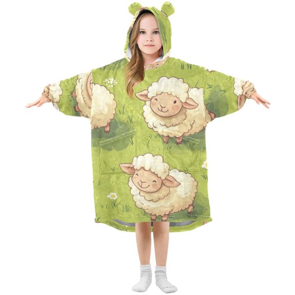 Cute Sheep Playing on The Lawn Flannel Wearable Blankets Hooded Design Long Sleeves Wrap Unisex for 3T-14Y S