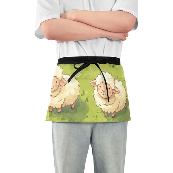 Cute Sheep Playing on The Lawn Short Server Apron with 3 Pockets for Unisex Chef Gardening