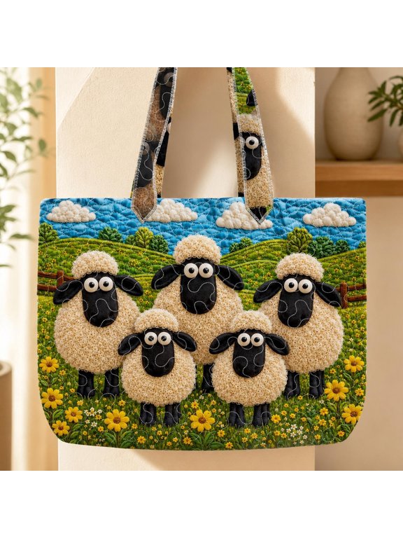 Cute Sheep Quilted Tote Bag, Colorful Patchwork Farm Animal Handbag, Handmade Wool Sheep Shoulder Bag, Gift for Sheep Lovers