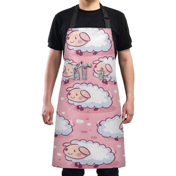 Cute Sheep Sit Kitchen Apron with 2 Pockets Adjustable waterproof Cooking Aprons for Women Men Chef