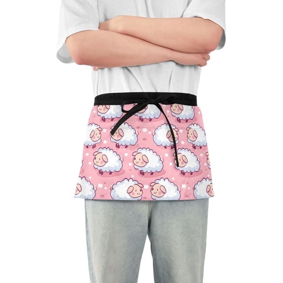 Cute Sheep Sit Server Apron with 3 Pockets Waterproof Waitress Waist Short Apron for Man Woman 12 Inches