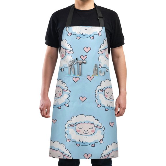 Cute Sheep and Heart Kitchen Apron with 2 Pockets Adjustable waterproof Cooking Aprons for Women Men Chef