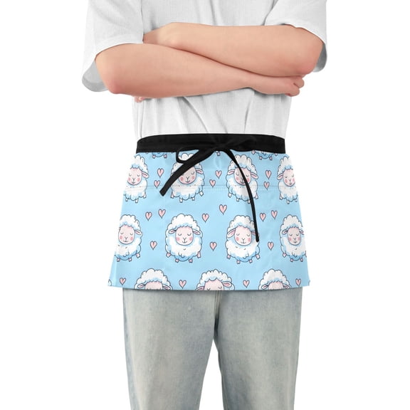 Cute Sheep and Heart Server Apron with 3 Pockets Waterproof Waitress Waist Short Apron for Man Woman 12 Inches