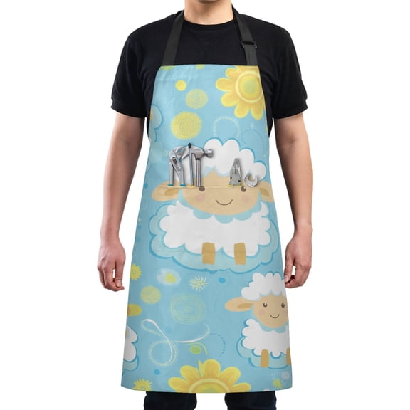 Cute Sheep and Sunflowers Chef Kitchen Apron with Pockets for Women Waterproof Aprons for Cooking Baking