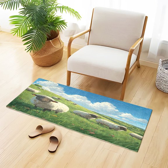 Cute Sheep on Grassland Clouds Plush Carpet Non Slip Runner Rug Absorbent Bath Mat 39" x 20"