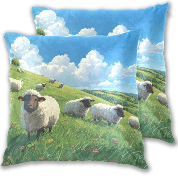 Cute Sheep on Grassland Clouds Throw Pillow Covers Pillowcases 16 x 16 Inch Home Decor 2 Packs for Bedroom Sofa