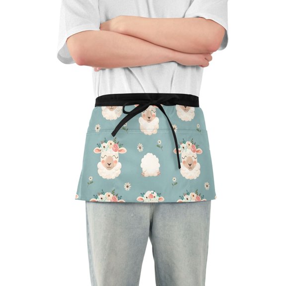 Cute Sheep with Wreath Server Apron with 3 Pockets Waterproof Waitress Waist Short Apron for Man Woman 12 Inches