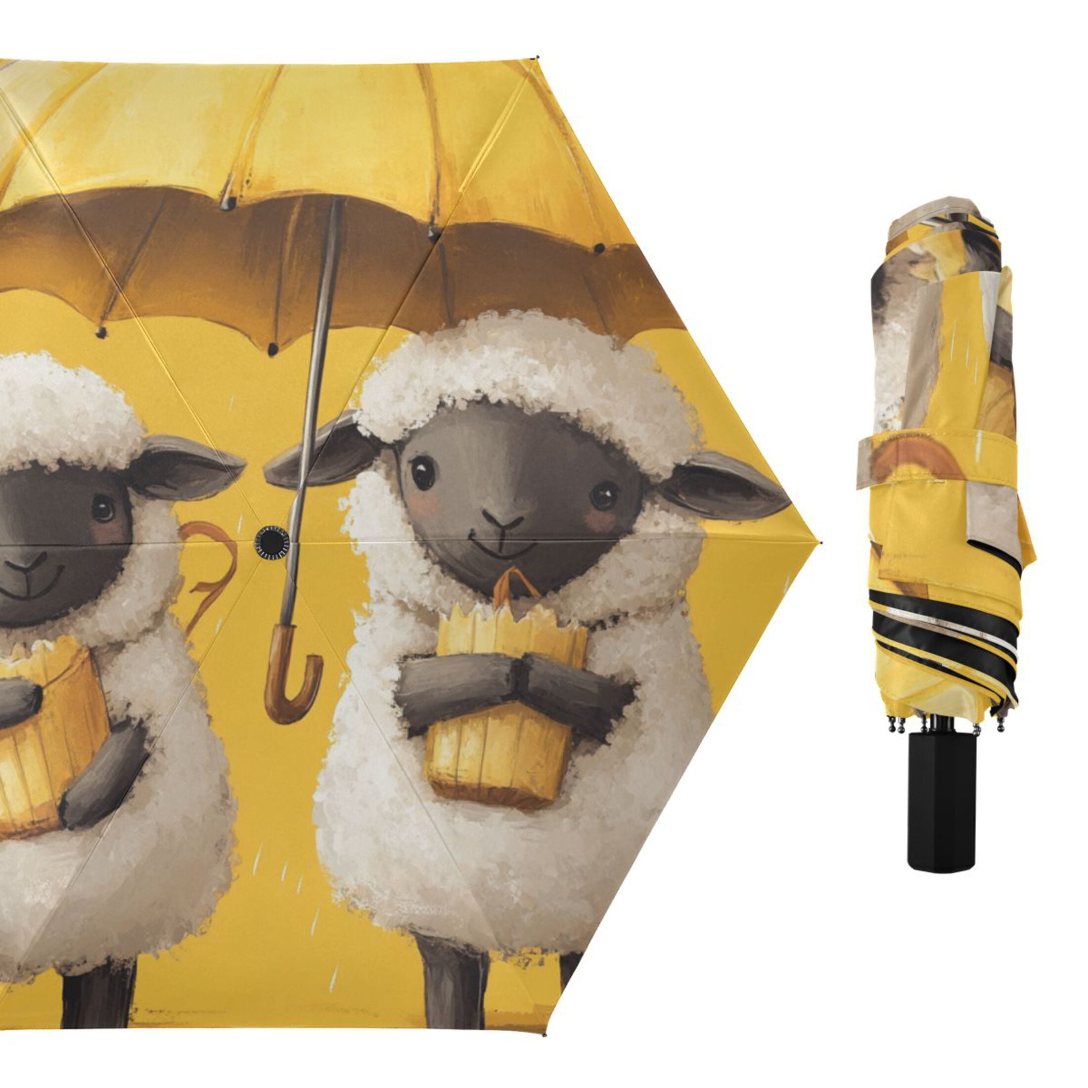 Cute Sheep with Yellow Umbrella All Weather Umbrella Triple Folding Parasol 6 Ribs UV Protection Portable