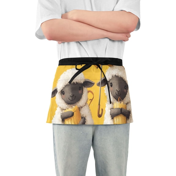 Cute Sheep with Yellow Umbrella Short Server Apron with 3 Pockets for Unisex Chef Gardening