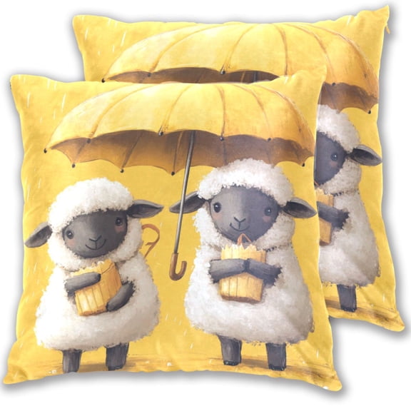 Cute Sheep with Yellow Umbrella Throw Pillow Covers Pillowcases 16 x 16 Inch Home Decor 2 Packs for Bedroom Sofa