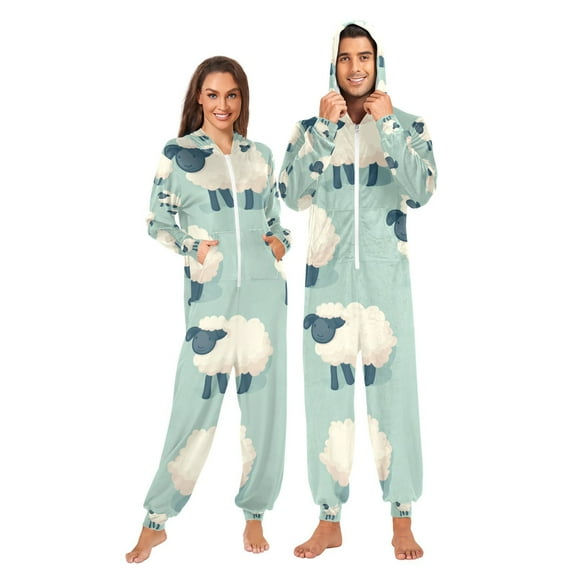 Cute Sheeps Adult Onesie Pajamas Slim Fit Christmas One Piece Suit Pjs for Women and Men Hooded Zipper