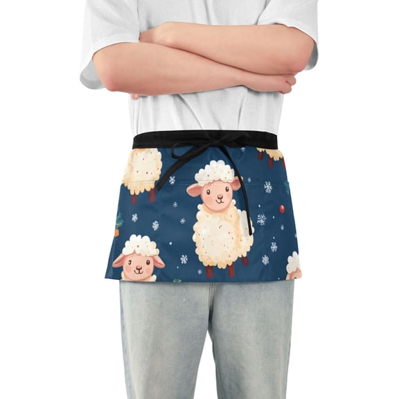 Cute Sheeps Christmas Trees Snow Presents Short Server Apron with 3 Pockets for Unisex Chef Gardening