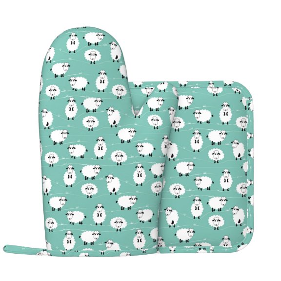 Cute Sheeps Oven Mitts and Pot Holders Sets, Heat Resistant Silicone Oven Mitts Pot Holders for Kitchen Cooking Baking, Non-Slip Oven Gloves Hot Pads Potholders