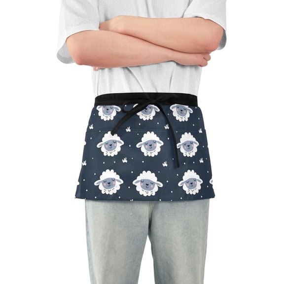 Cute Sheeps Server Apron with 3 Pockets Waterproof Waitress Waist Short Apron for Man Woman 12 Inches
