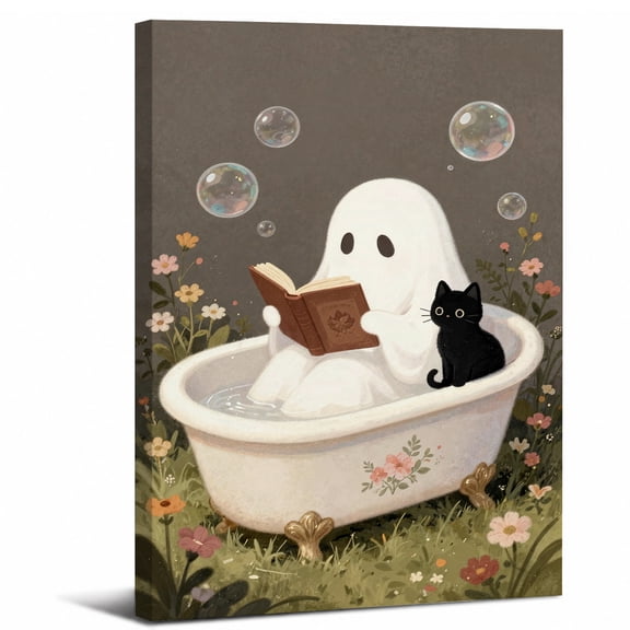 Cute Sheet Ghost Canvas Wall Art Framed,Cozy Spooky Cute Halloween Aesthetic Landscape canvas print for bathroom living room decor,8x12in