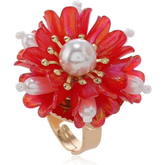 Cute Shell Pearl Flower Statement Ring for Women Gold Plated Dainty Petal Leaf Floral Wedding Promise Expandable Adjustable Open Wrap Finger Rings Comfort Fit Holiday Jewelry