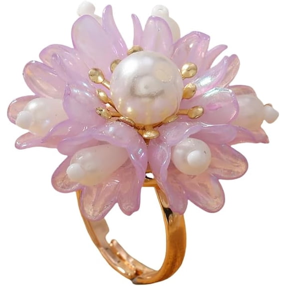Cute Shell Pearl Flower Statement Ring for Women Gold Plated Dainty Petal Leaf Floral Wedding Promise Expandable Adjustable Open Wrap Finger Rings Comfort Fit Holiday Jewelry