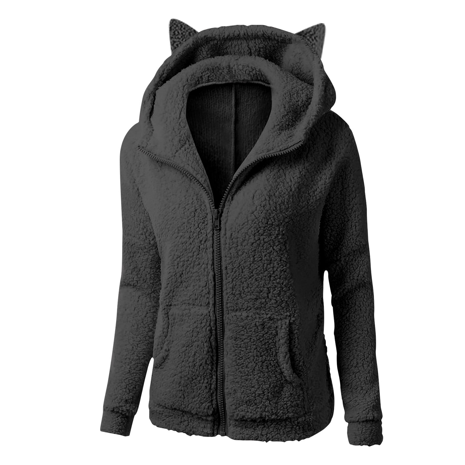 Cute Sherpa Fleece Hoodie Jacket Women Full Zip Cat Ears Long Sleeve Plush Faux Shearling Plain Hooded Sweatshirt Small Black Ears Walmart