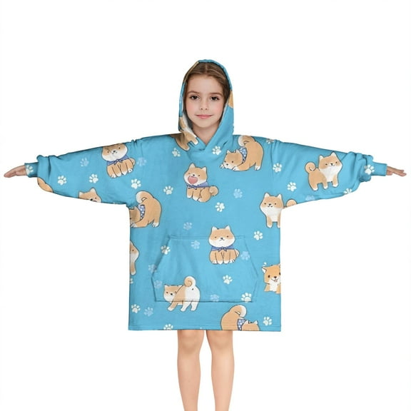 Cute Shiba Inu Blanket Hoodies for Kids 6-13YR Oversize Wearable Blanket Hoodies for Boys Girls Teens