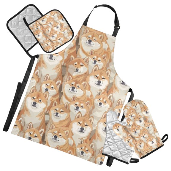 Cute Shiba Inu Dogs 5 Pcs Kitchen Set Heat Resistant Oven Mitts and Non-Slip Pot Holders with Adjustable Cooking Apron