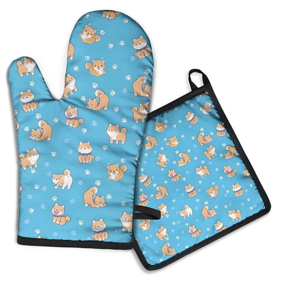 Cute Shiba Inu Kitchen Oven Mitt and Pot Holder Sets 2 Pcs for Baking, Cooking and Grilling, Heat Resistant Up To 392 °F