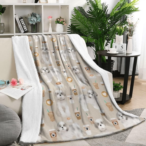 Cute Shih Tzu Dog and Coffee Pattern Blanket,Comfortable Soft Flannel Throw Blanket,All Season,Warm Lightweight Blankets for Sofa Bed Couch Living Room Chair,50"x60"