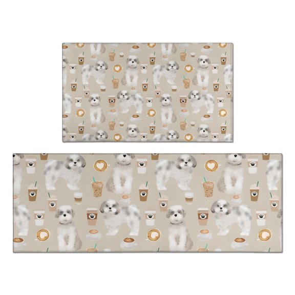Cute Shih Tzu Dog and Coffee Pattern Kitchen Rugs Sets Of 2,Anti Fatigue Kitchen Mat Rugs Non Slip Washable,Decorative Kitchen Floor Mats for Kitchen,Sink,Laundry,17"x30"+17"x47"