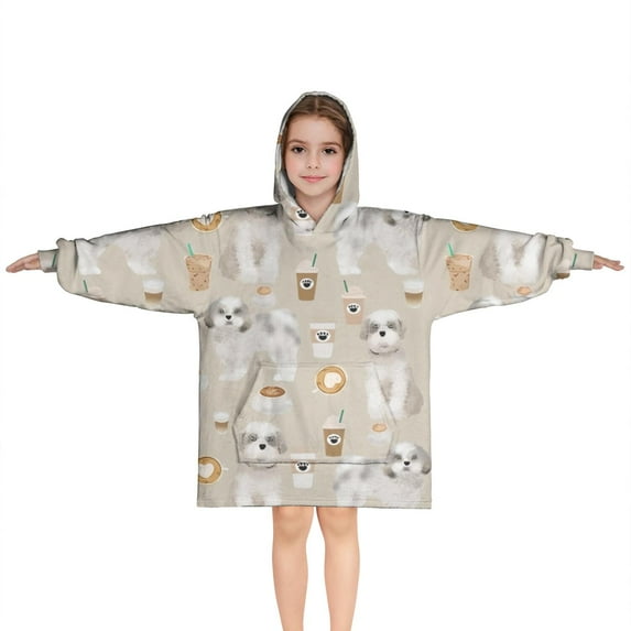 Cute Shih Tzu Dog and Coffee Pattern Blanket Hoodies for Kids 6-13YR Oversize Wearable Blanket Hoodies for Boys Girls Teens
