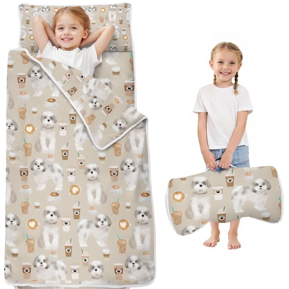 Cute Shih Tzu Dog and Coffee Pattern Toddler Nap Mats for Kids Preschool,Sleeping Mat Bag or Kids,Toddler Sleeping Bag,Toddler Nap Mat or Daycare