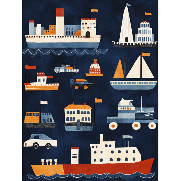 Cute Ships and Boats Canvas Print/Wall Art， Perfect for Living Room， Bedroom， Office， Nursery， and Hallway Decoration.