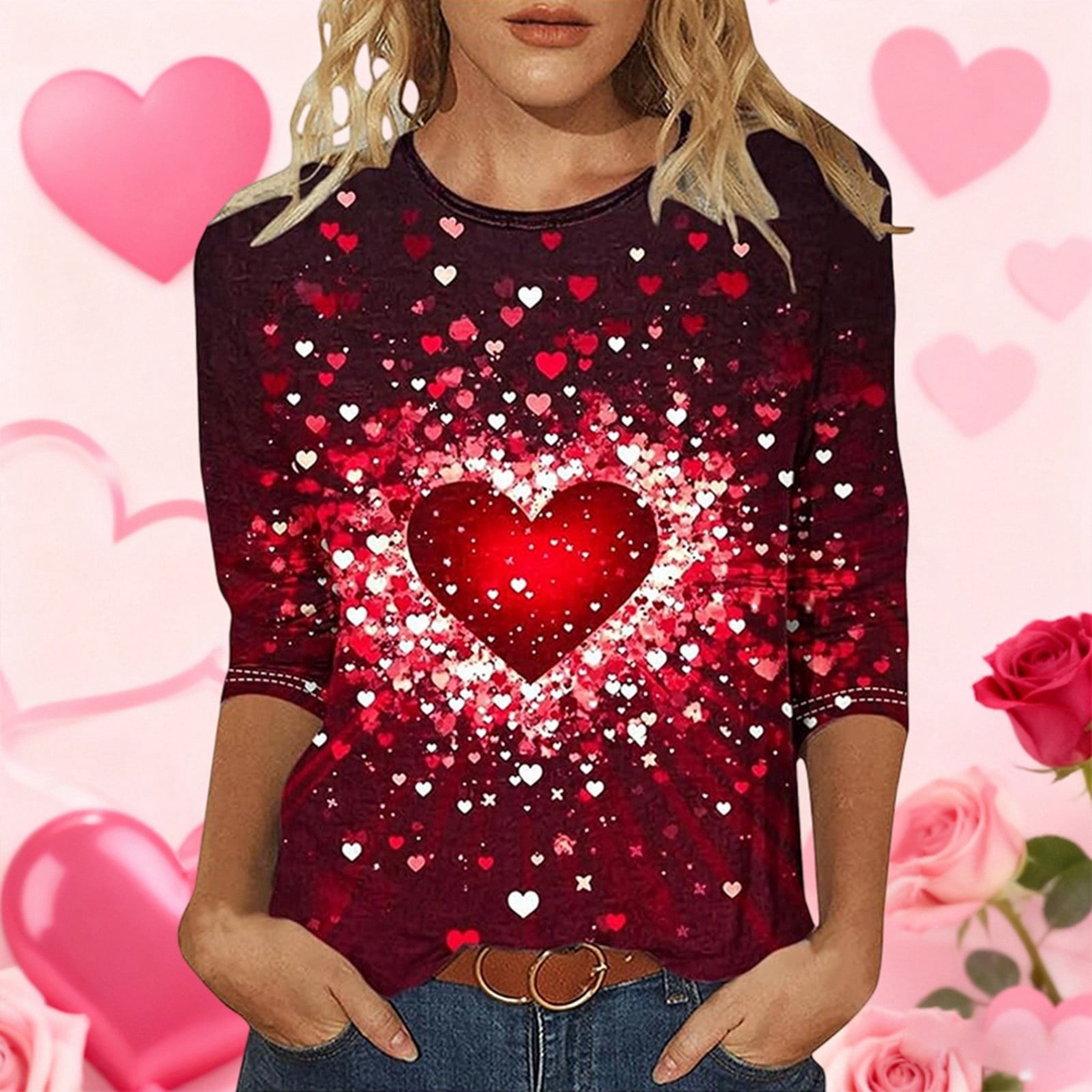 Cute Shirts For Women Heart Print Lightweight Crew Neck Casual Long ...