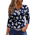 thumbnail image 1 of Cute Shirts For Women V Neck 3/4 Sleeve Graphics Print Classic Casual Button Tunic Tops Comfy Soft Spring Basic Work Tee Vacation Clothes Blue L, 1 of 5