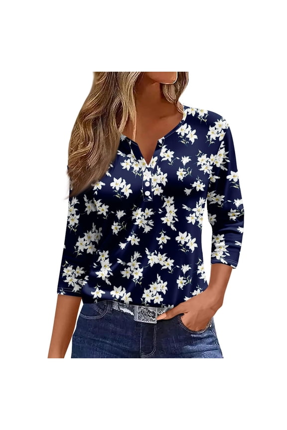 Cute Shirts For Women V Neck 3/4 Sleeve Graphics Print Classic Casual Button Tunic Tops Comfy Soft Spring Basic Work Tee Vacation Clothes Blue L