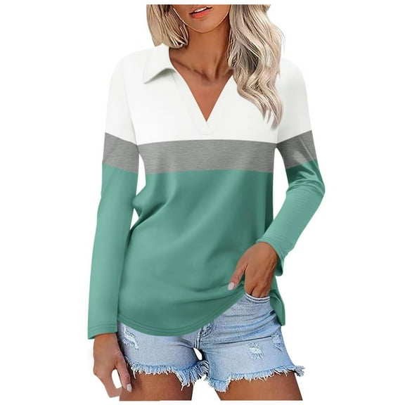 Cute Shirts For Women V Neck Long Sleeve Color Block Loose Fashion Dressy Casual Tunic Tops Breathable Summer Work Tee Pullover Outfits Light Green L
