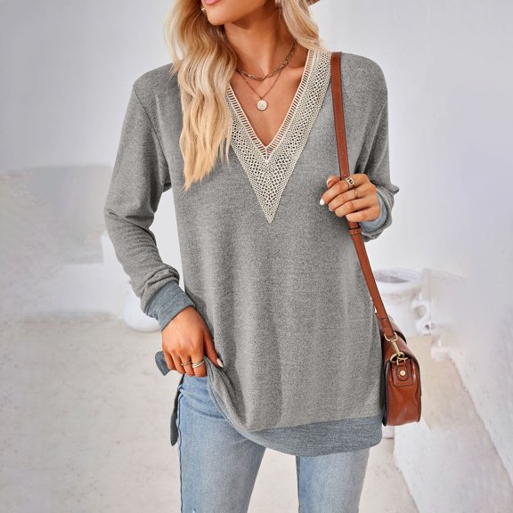 Cute Shirts For Women V Neck Long Sleeve Solid Color Loose Classic Dressy Casual T Shirts Lightweight Spring Basic Blouses Vacation Clothes GY2 XL