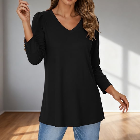 Cute Shirts For Women V Neck Long Sleeve Solid Color Loose Classic Dressy Casual Tunic Tops Breathable Summer Work Tee Pullover Outfits Black L