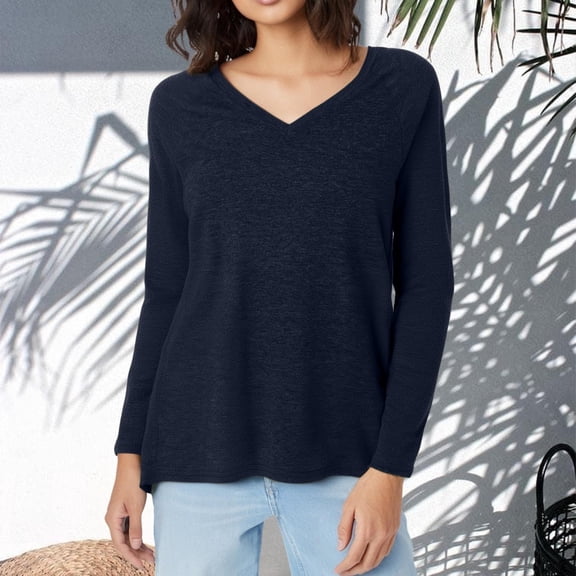 Cute Shirts For Women V Neck Long Sleeve Solid Color Loose Trendy Elegant Casual T Shirt Breathable Fall Basic Work Tee Vacation Clothes Navy S