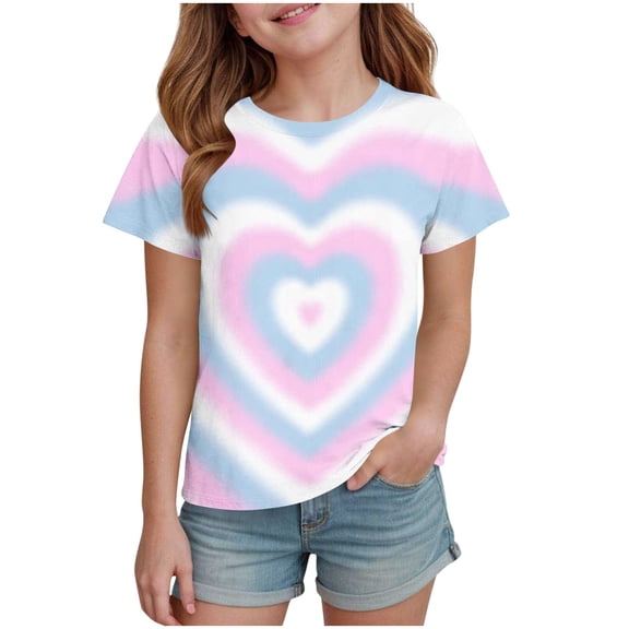 Cute Shirts Girls Clothes Fashion Heart Printed Short Sleeve Crewneck Shirt Lightweight Casual T Shirt Size 3-14