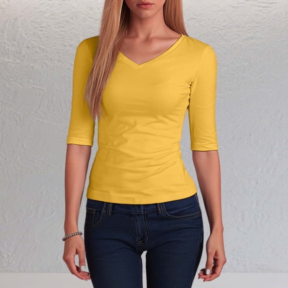 Cute Shirts For Women V Neck 3/4 Sleeve Solid Color Loose Fashion Dressy Casual T Shirt Lightweight Fall Basic Work Tee Vacation Clothes Yellow XL/...